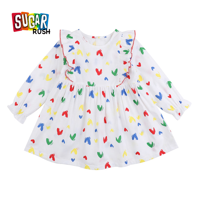 White Conversational Print Ruffled Fit & Flare Cotton Dress