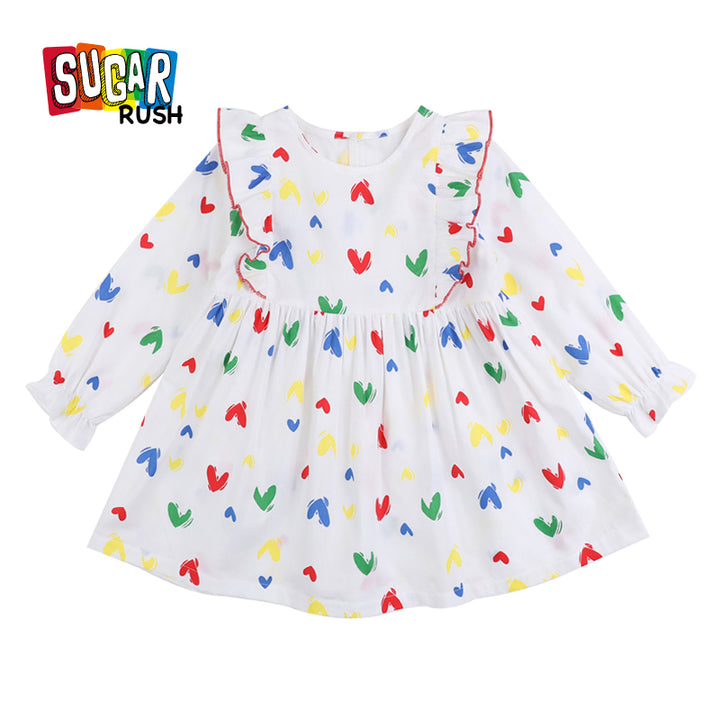 White Conversational Print Ruffled Fit & Flare Cotton Dress