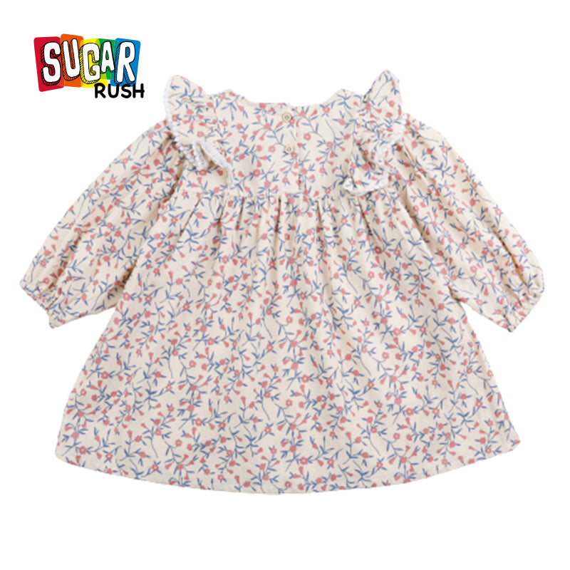 Girls Pink & Blue Floral Printed Ruffled A-Line Dress