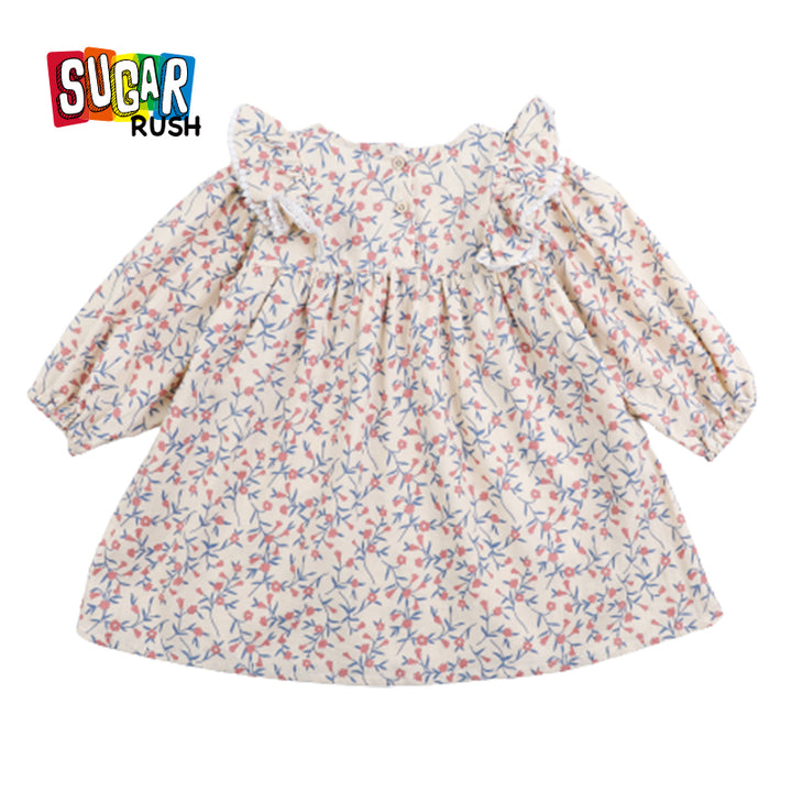Girls Pink & Blue Floral Printed Ruffled A-Line Dress