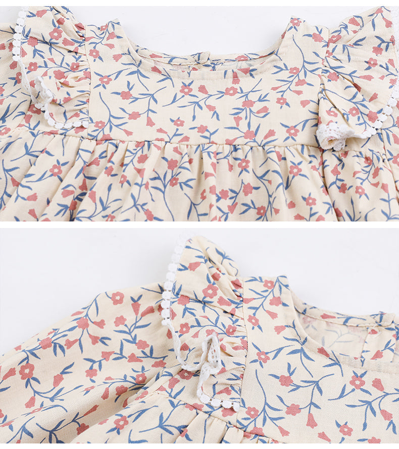 Girls Pink & Blue Floral Printed Ruffled A-Line Dress