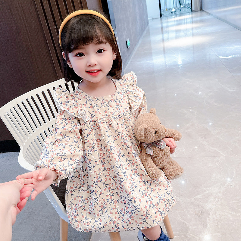 Girls Pink & Blue Floral Printed Ruffled A-Line Dress