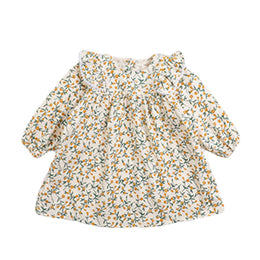 Beige Floral Print Ruffled Long Sleeves A-Line Dress