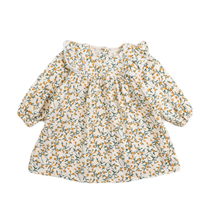 Beige Floral Print Ruffled Long Sleeves A-Line Dress
