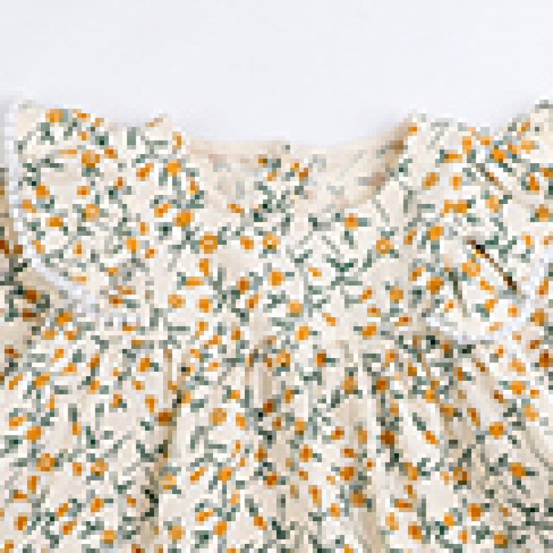 Beige Floral Print Ruffled Long Sleeves A-Line Dress