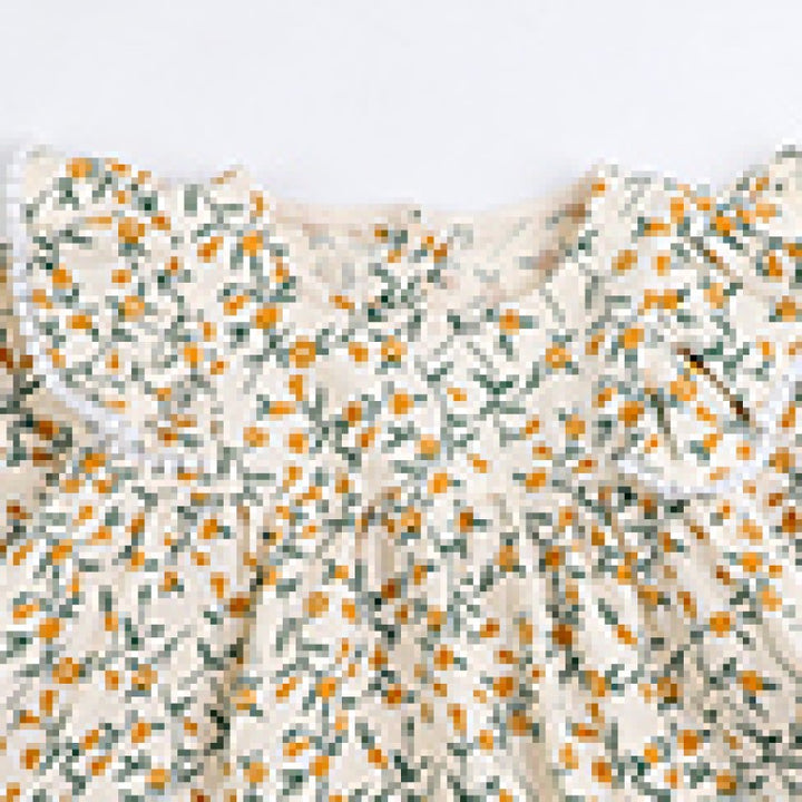 Beige Floral Print Ruffled Long Sleeves A-Line Dress