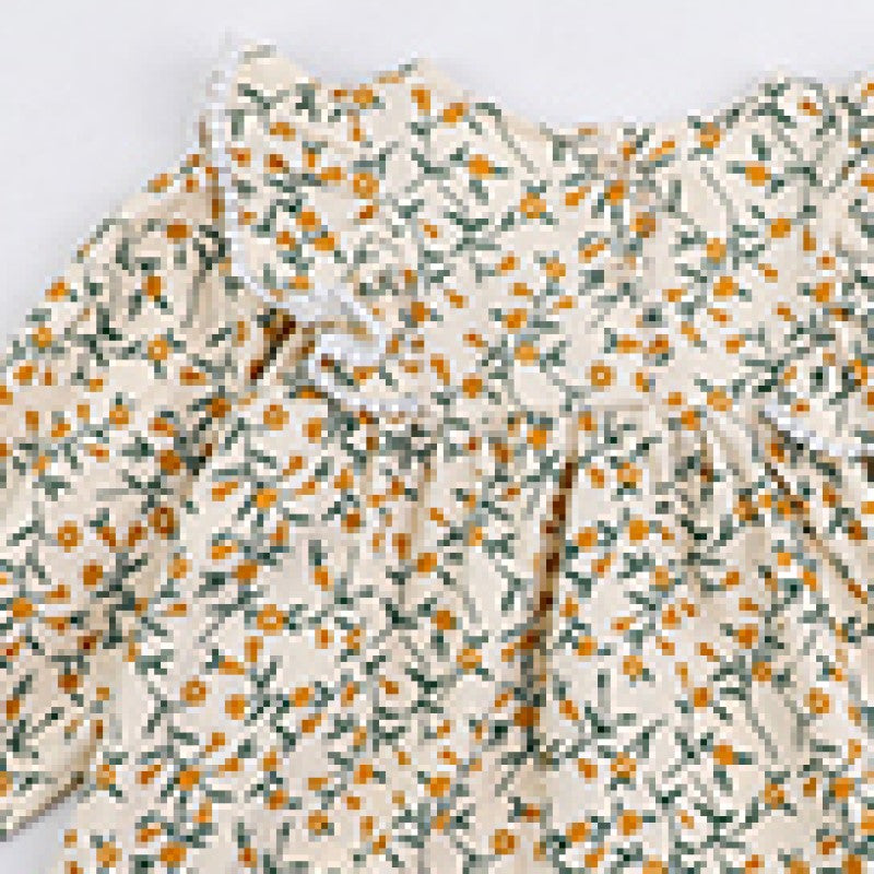 Beige Floral Print Ruffled Long Sleeves A-Line Dress