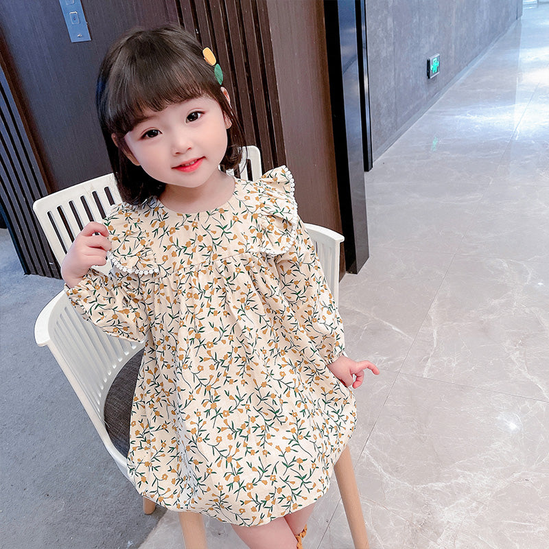 Beige Floral Print Ruffled Long Sleeves A-Line Dress