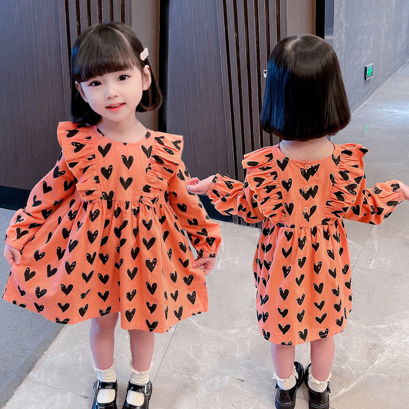 Girls Orange Conversational Printed Cotton Fit & Flare Dress
