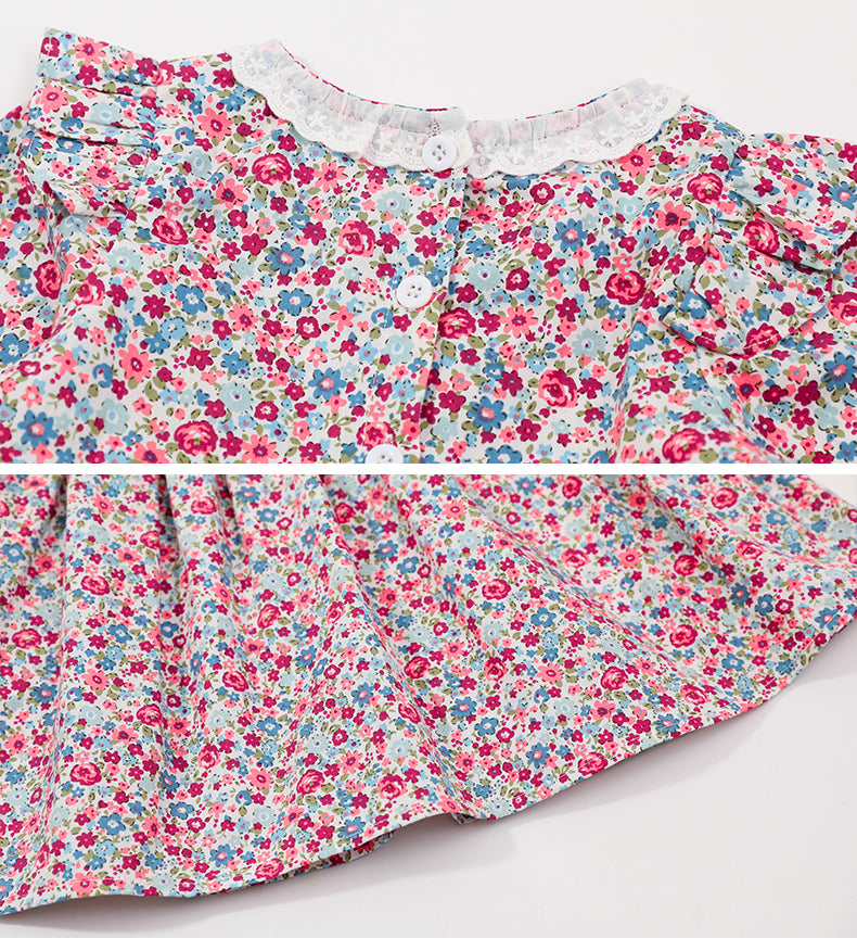 Girls Red Cotton Floral Print Ruffled A Line Dress