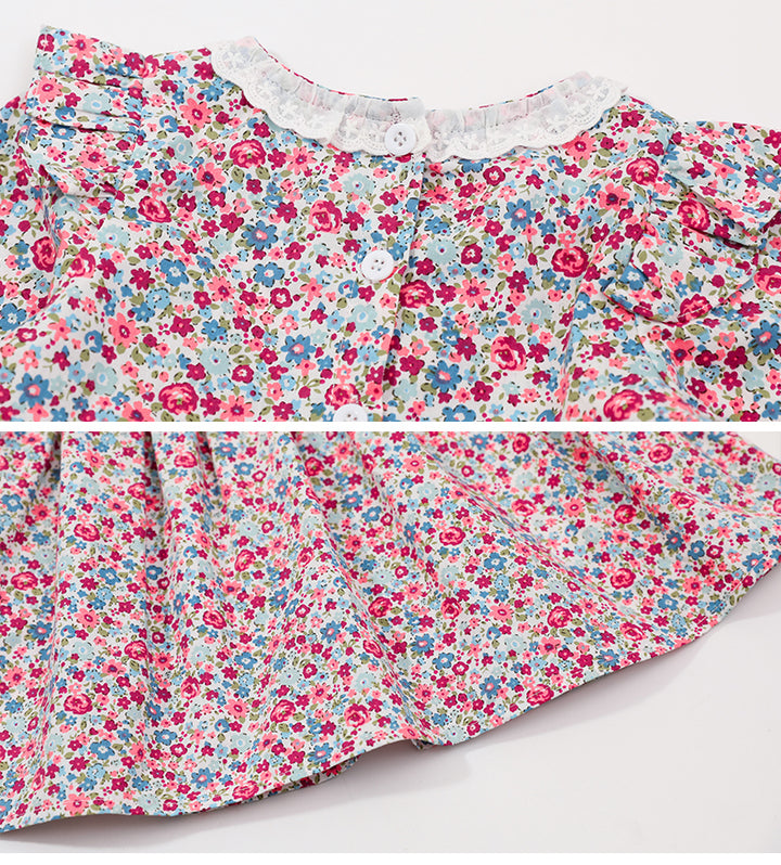 Girls Red Cotton Floral Print Ruffled A Line Dress