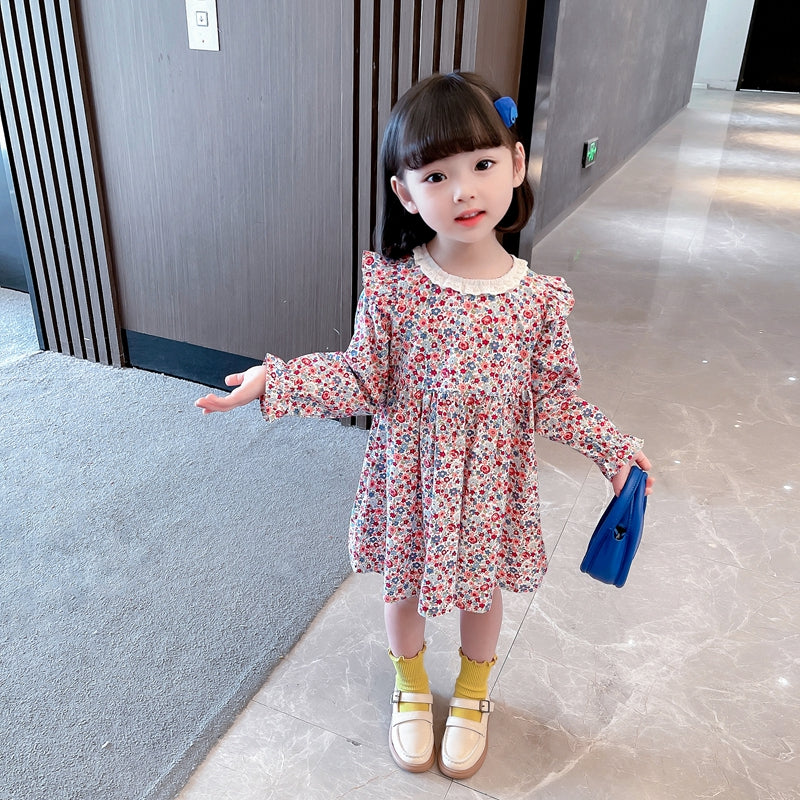 Girls Red Cotton Floral Print Ruffled A Line Dress