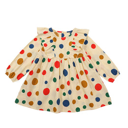Girls Beige & Green Polka Dot Print Cotton Fit & Flare Mini Cotton Dress
