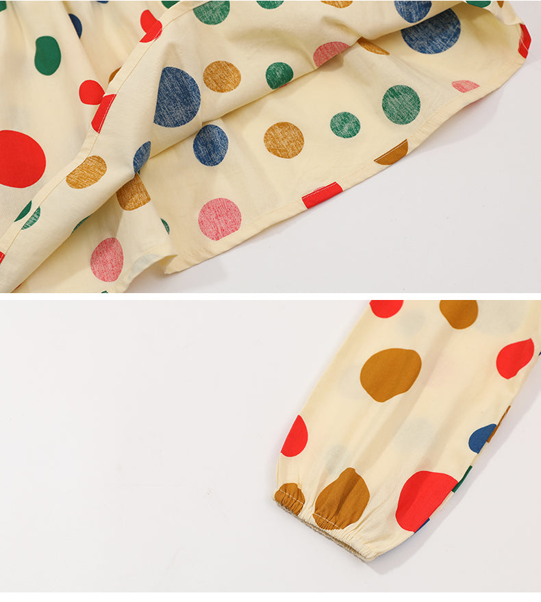 Girls Beige & Green Polka Dot Print Cotton Fit & Flare Mini Cotton Dress