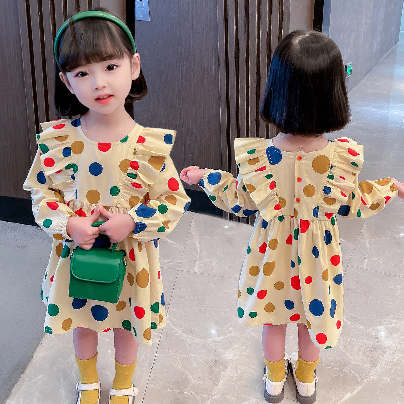 Girls Beige & Green Polka Dot Print Cotton Fit & Flare Mini Cotton Dress