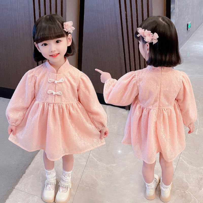 Girls Pink Self Design Cotton Fit & Flare Mini Dress