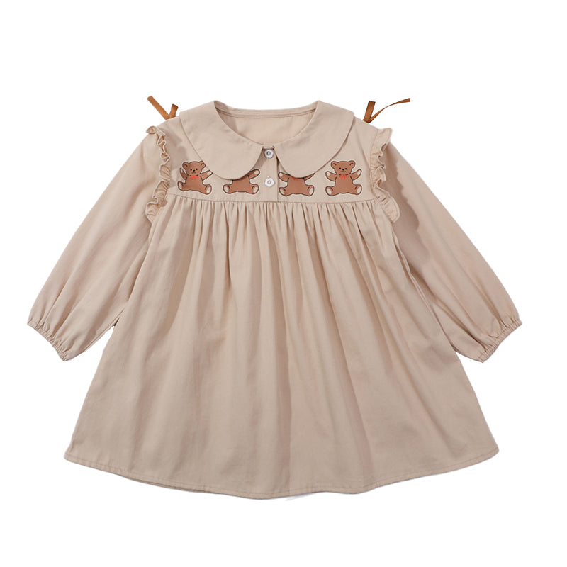 Girls Beige Peter Pan Collar Cotton Fit and Flare Dress