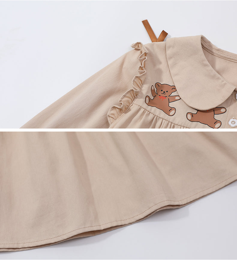 Girls Beige Peter Pan Collar Cotton Fit and Flare Dress