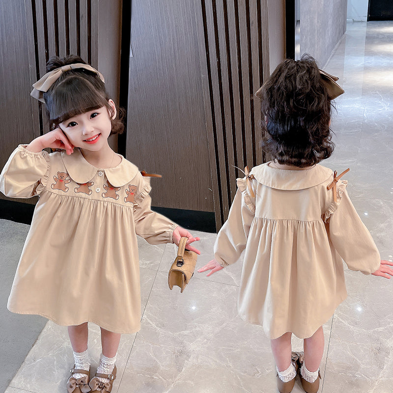Girls Beige Peter Pan Collar Cotton Fit and Flare Dress