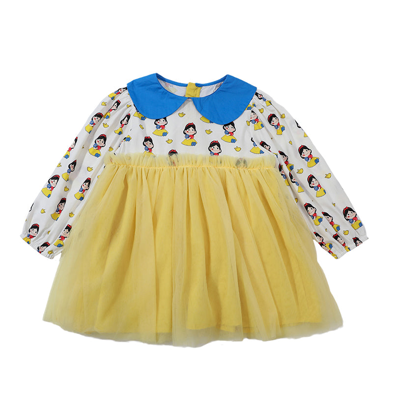 Girls Yellow Snow White Printed Gathered Cotton Fit & Flare Dress