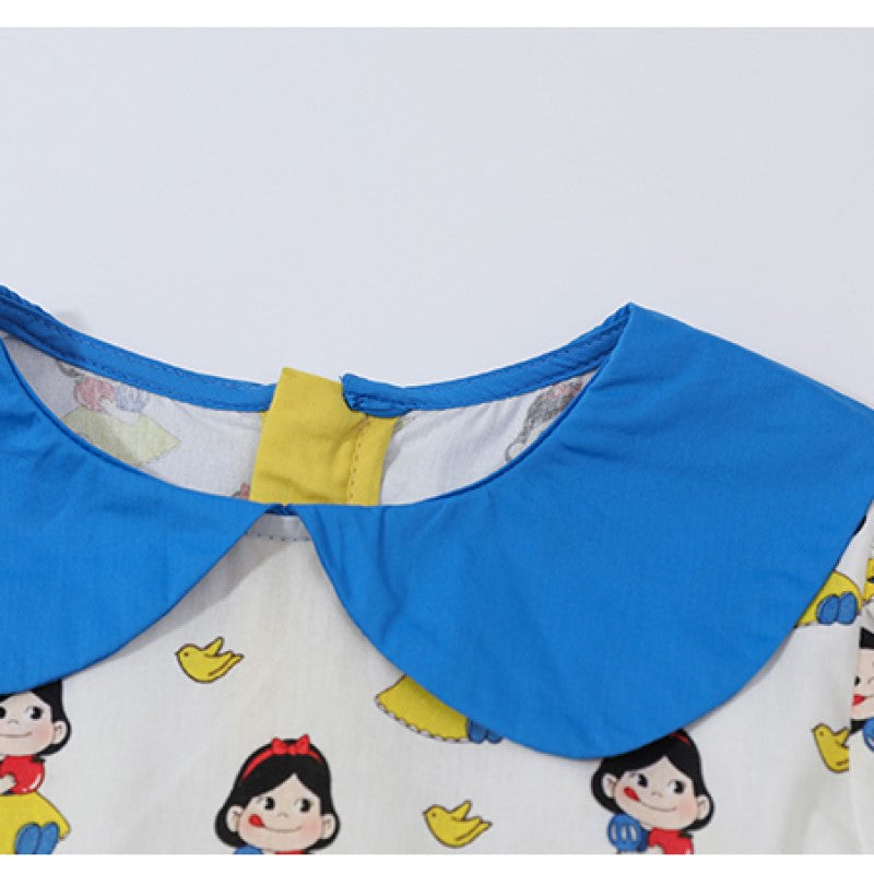 Girls Yellow Snow White Printed Gathered Cotton Fit & Flare Dress