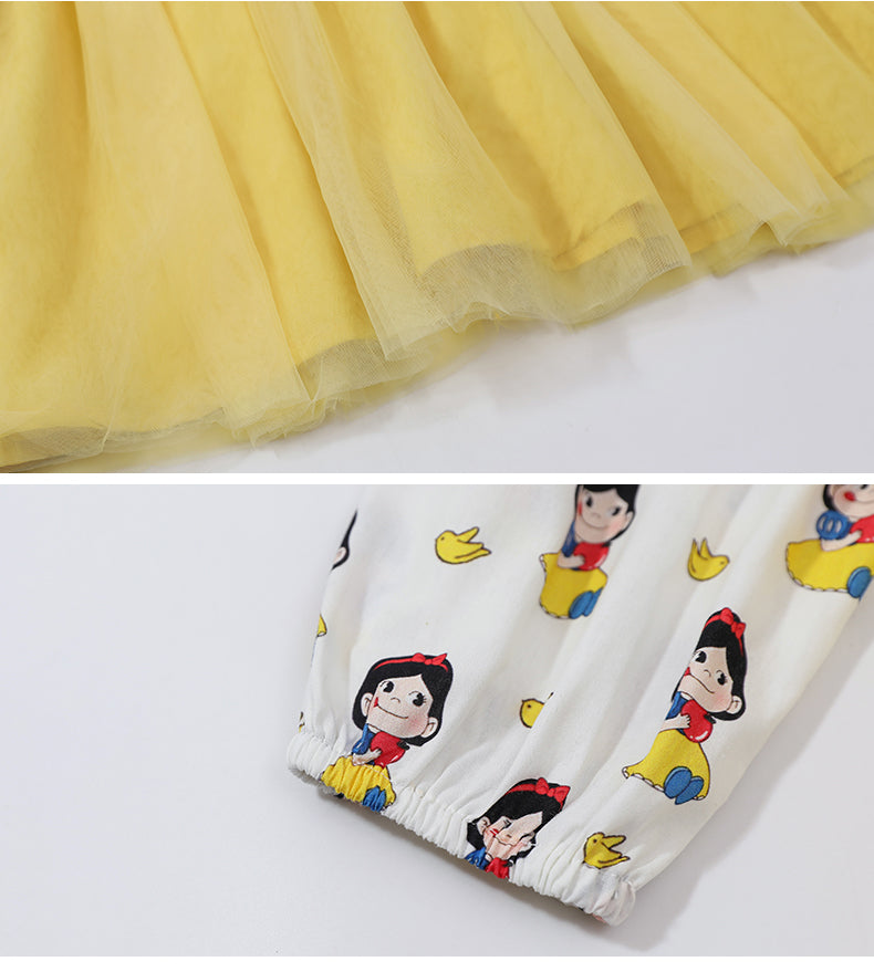 Girls Yellow Snow White Printed Gathered Cotton Fit & Flare Dress