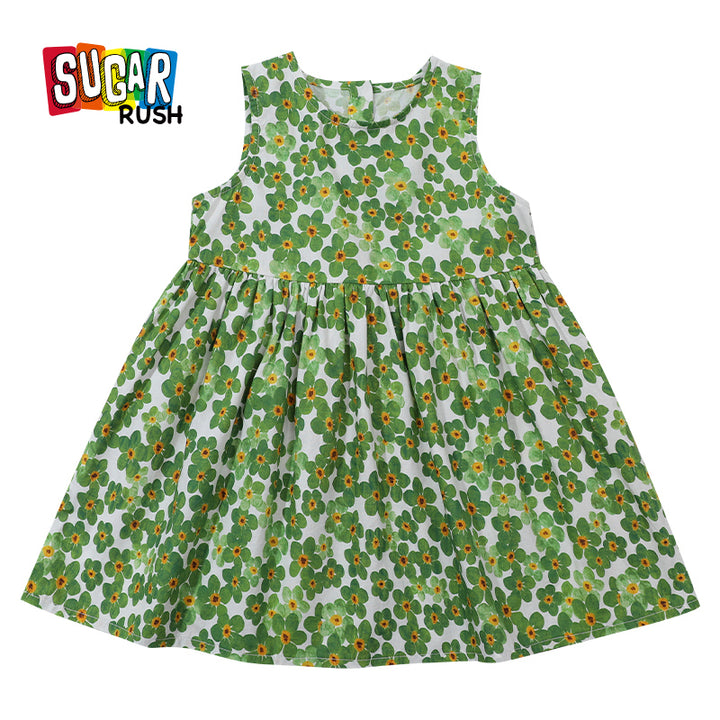 Girls Green Round Neck Sleeveless Floral Print A-Line Cotton Dress