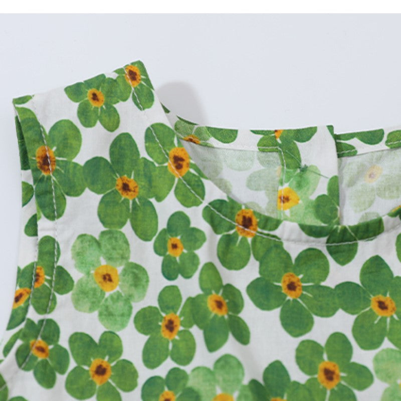 Girls Green Round Neck Sleeveless Floral Print A-Line Cotton Dress