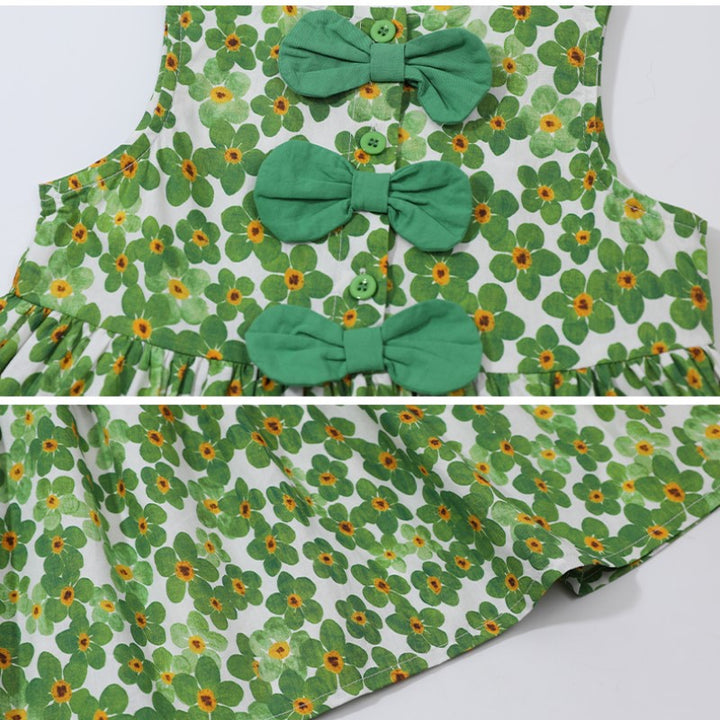 Girls Green Round Neck Sleeveless Floral Print A-Line Cotton Dress