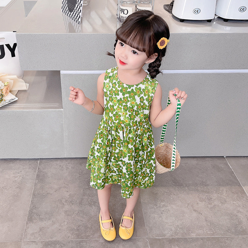 Girls Green Round Neck Sleeveless Floral Print A-Line Cotton Dress