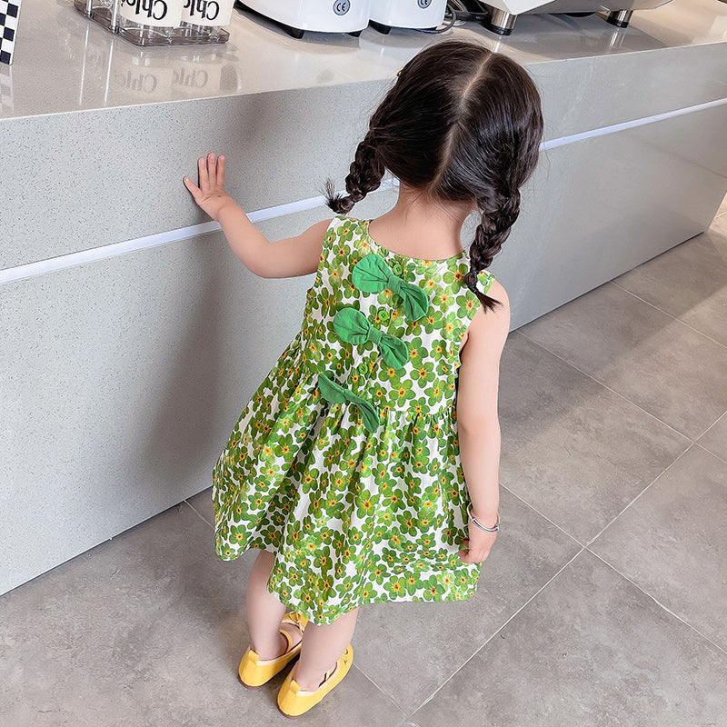 Girls Green Round Neck Sleeveless Floral Print A-Line Cotton Dress