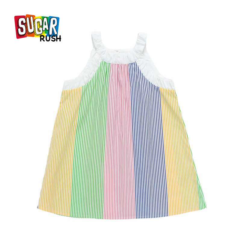 Girls Red & Blue Striped Cotton Fit & Flare Dress