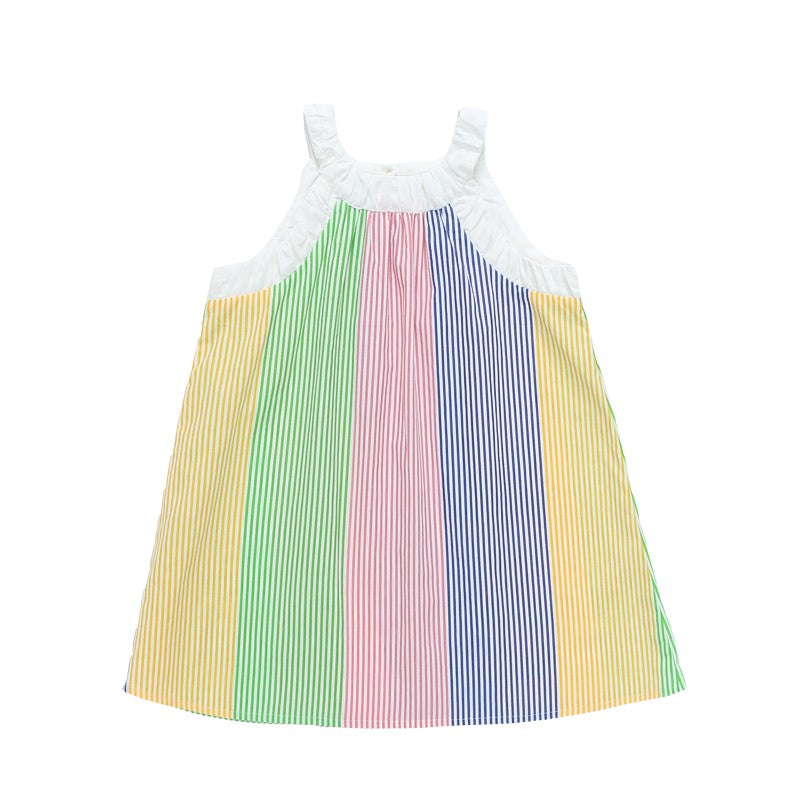 Girls Red & Blue Striped Cotton Fit & Flare Dress