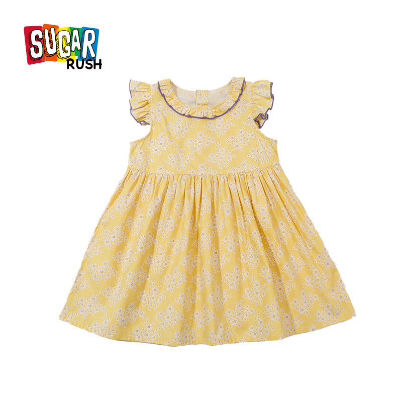 Girls Yellow Floral Print Cotton Fit & Flare Dress