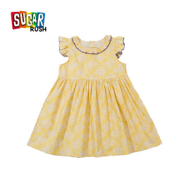 Girls Yellow Floral Print Cotton Fit & Flare Dress