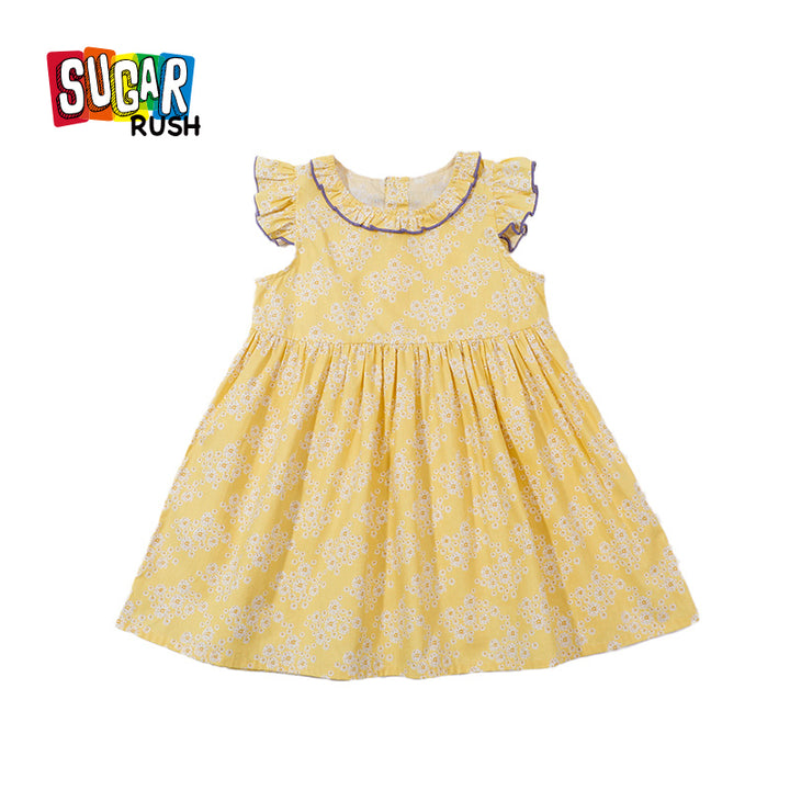 Girls Yellow Floral Print Cotton Fit & Flare Dress