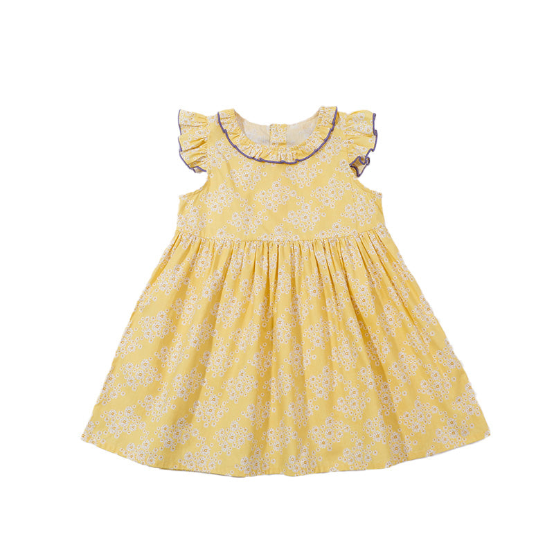 Girls Yellow Floral Print Cotton Fit & Flare Dress