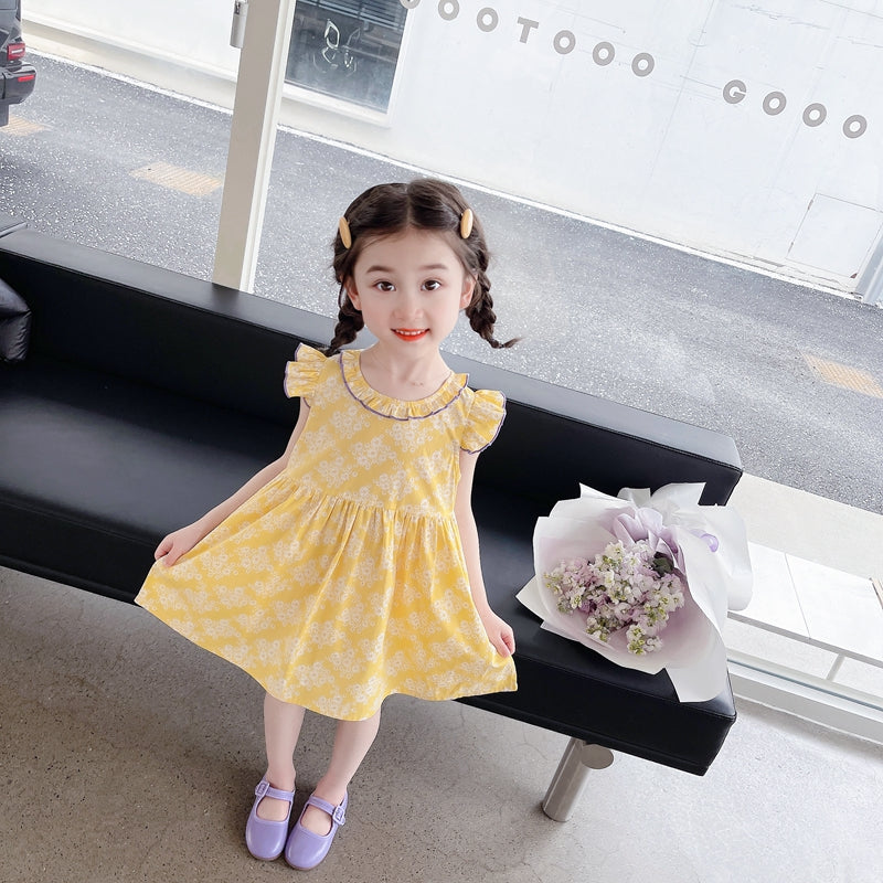 Girls Yellow Floral Print Cotton Fit & Flare Dress