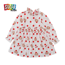 Girls White Conversational Printed Round Neck Fit & Flare Dress