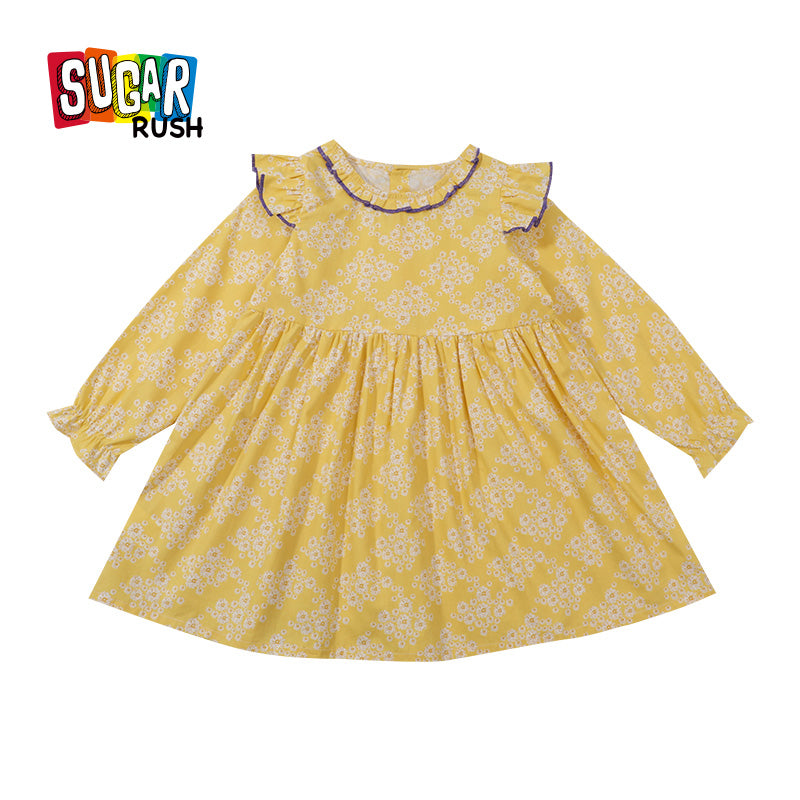 Yellow Bohemian Printed Cotton Flared A-Line Dress