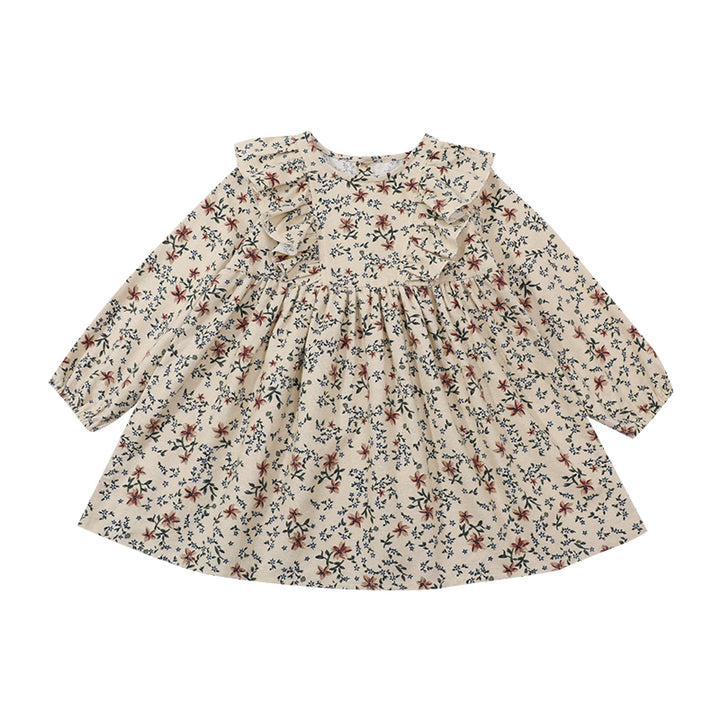 Beige Girls Floral Printed Ruffled Fit & Flare Mini Dress