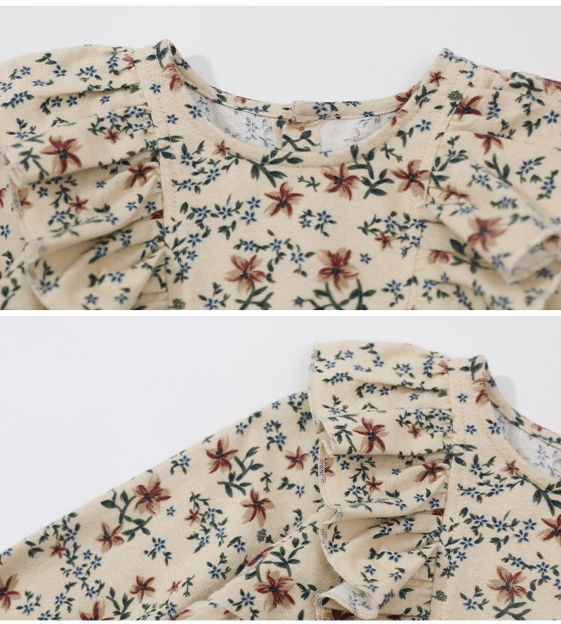 Beige Girls Floral Printed Ruffled Fit & Flare Mini Dress