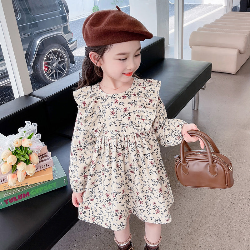 Beige Girls Floral Printed Ruffled Fit & Flare Mini Dress