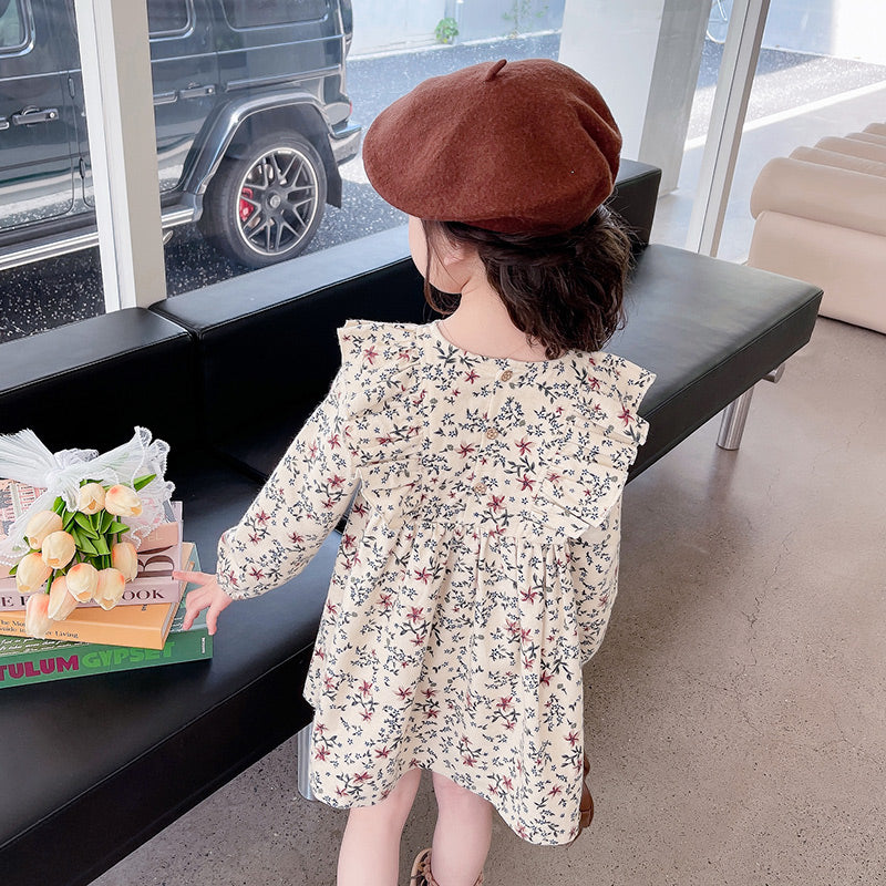 Beige Girls Floral Printed Ruffled Fit & Flare Mini Dress
