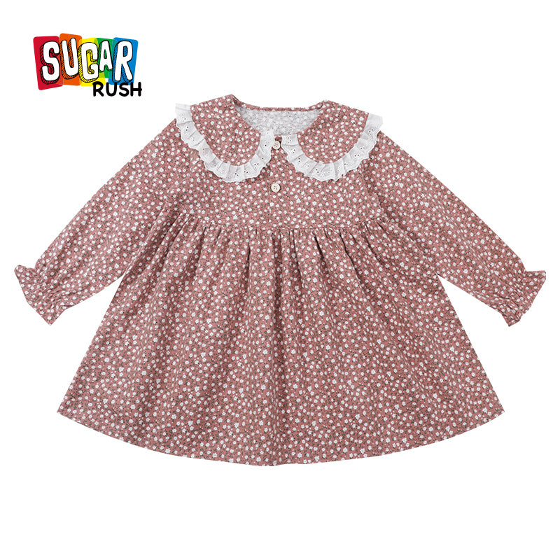 Girls Pink Floral Printed Cotton Peter Pan Collar Fit & Flare Mini Dress
