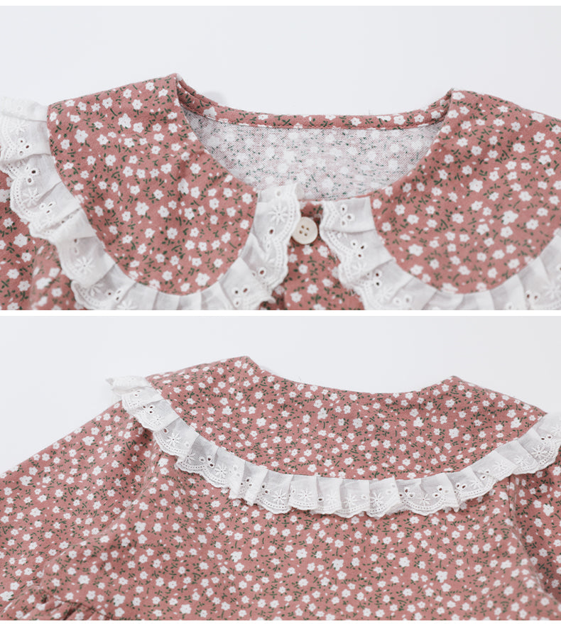 Girls Pink Floral Printed Cotton Peter Pan Collar Fit & Flare Mini Dress