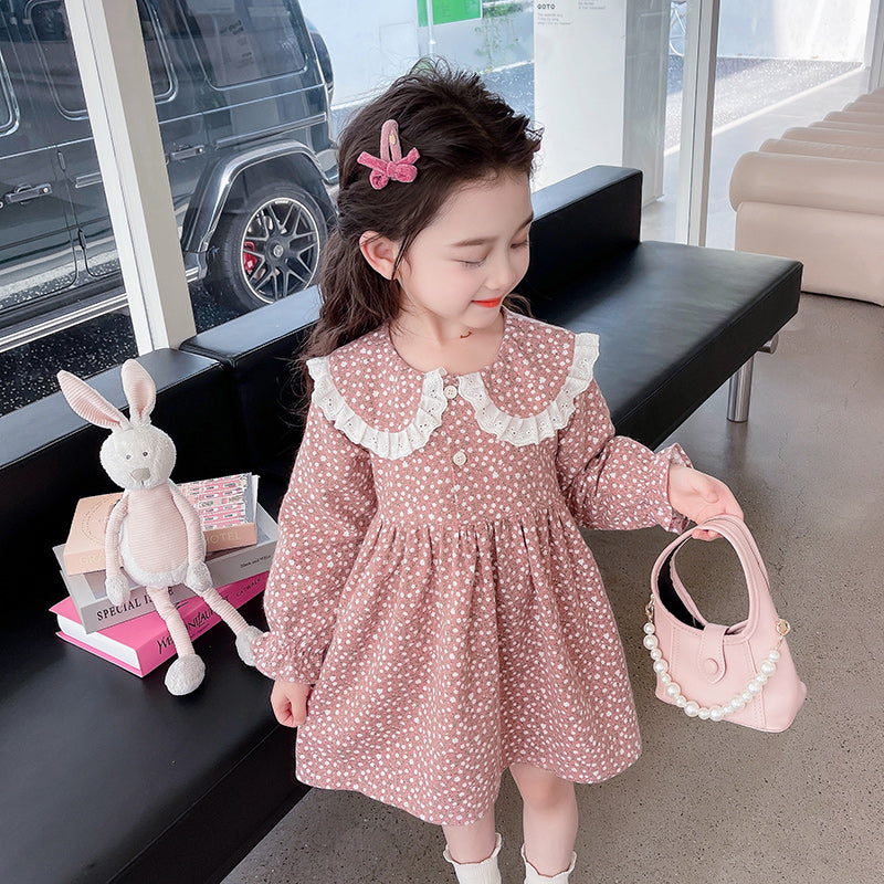 Girls Pink Floral Printed Cotton Peter Pan Collar Fit & Flare Mini Dress