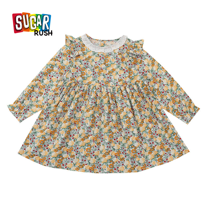 Girls Yellow Floral Printed Gathered Cotton Fit & Flare Mini Dress