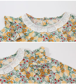 Girls Yellow Floral Printed Gathered Cotton Fit & Flare Mini Dress