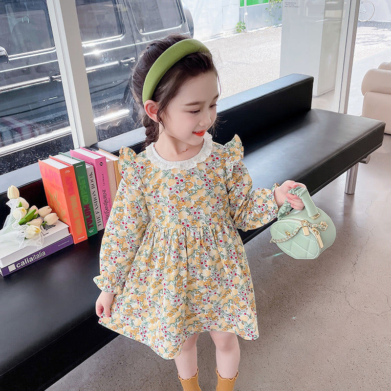 Girls Yellow Floral Printed Gathered Cotton Fit & Flare Mini Dress